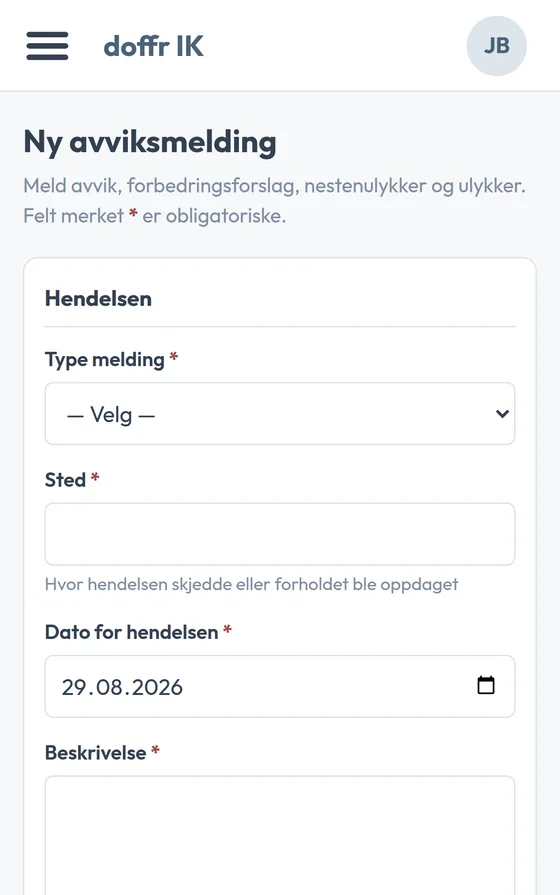 Avviksskjemaet på mobil, med felt for type melding, sted, dato og beskrivelse