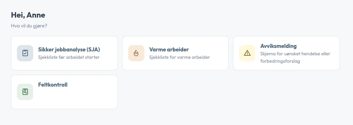 Oversiktssiden i doffr IK, med snarveier til sikker jobbanalyse, varme arbeider, avviksmelding og feltkontroll